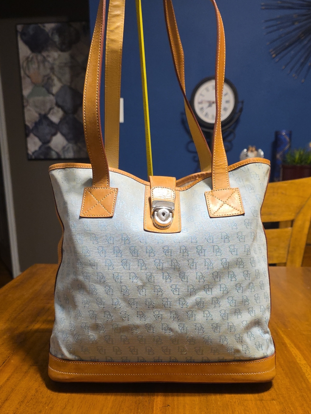 Dooney & Bourke Light Blue Canvas Tote with Tan Leather Trim